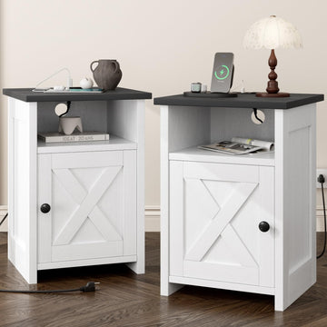 Farmhouse End Table Set of 2 w/Charging Station, Nightstands w/Barn Door&Storage Shelf, Rustic Bedside Table, Small