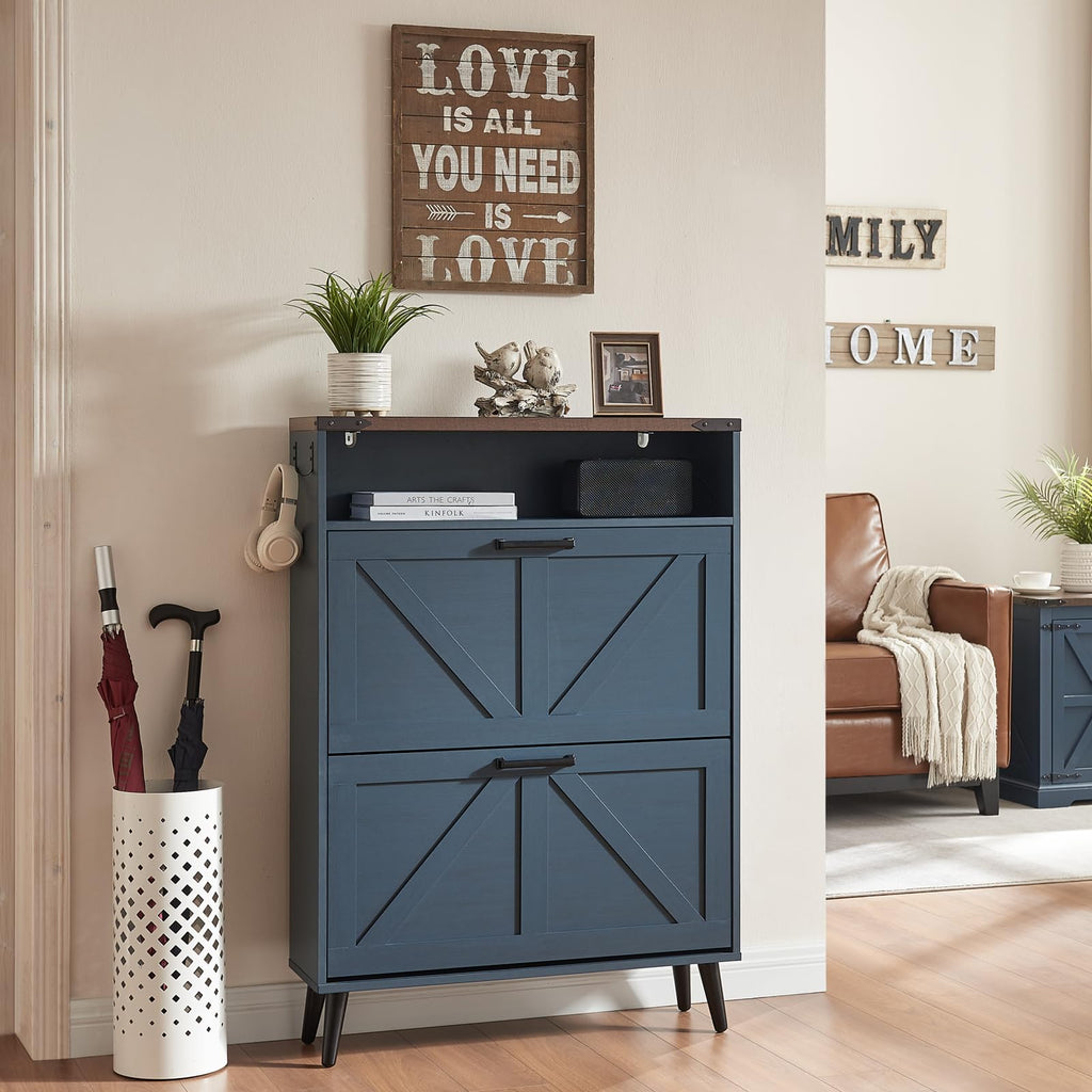 Farmhouse Shoe Storage Cabinet with 2 Flip Drawers & Open Storage