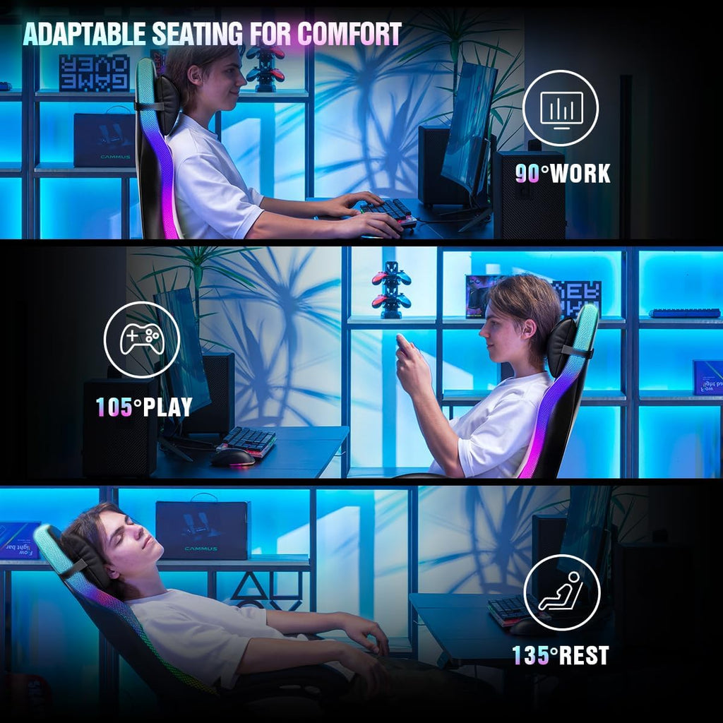 Gaming Chair, Computer Chair with RGB LED Lights, High Back Ergonomic Chair for Adults with Footrest and Linkage