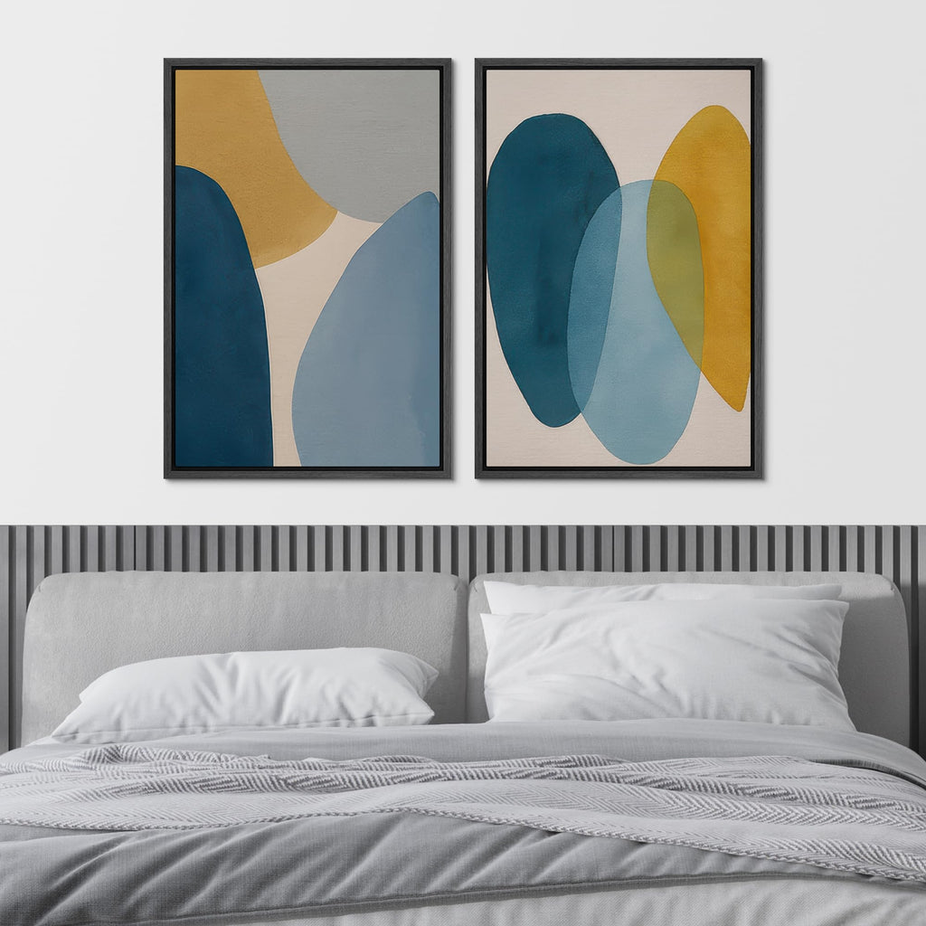 Framed Canvas Print Wall Art Set Soft Geometric Shapes in Blue and Mustard Abstract Illustrations Modern Art
