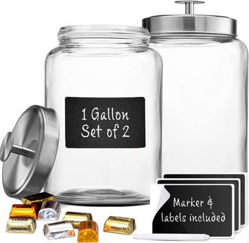 Large 1-Gallon Glass Canister Sets Counter with Stainless Steel Airtight Lids + Marker & Labels, Cookie Jar & Candy - Set of 2