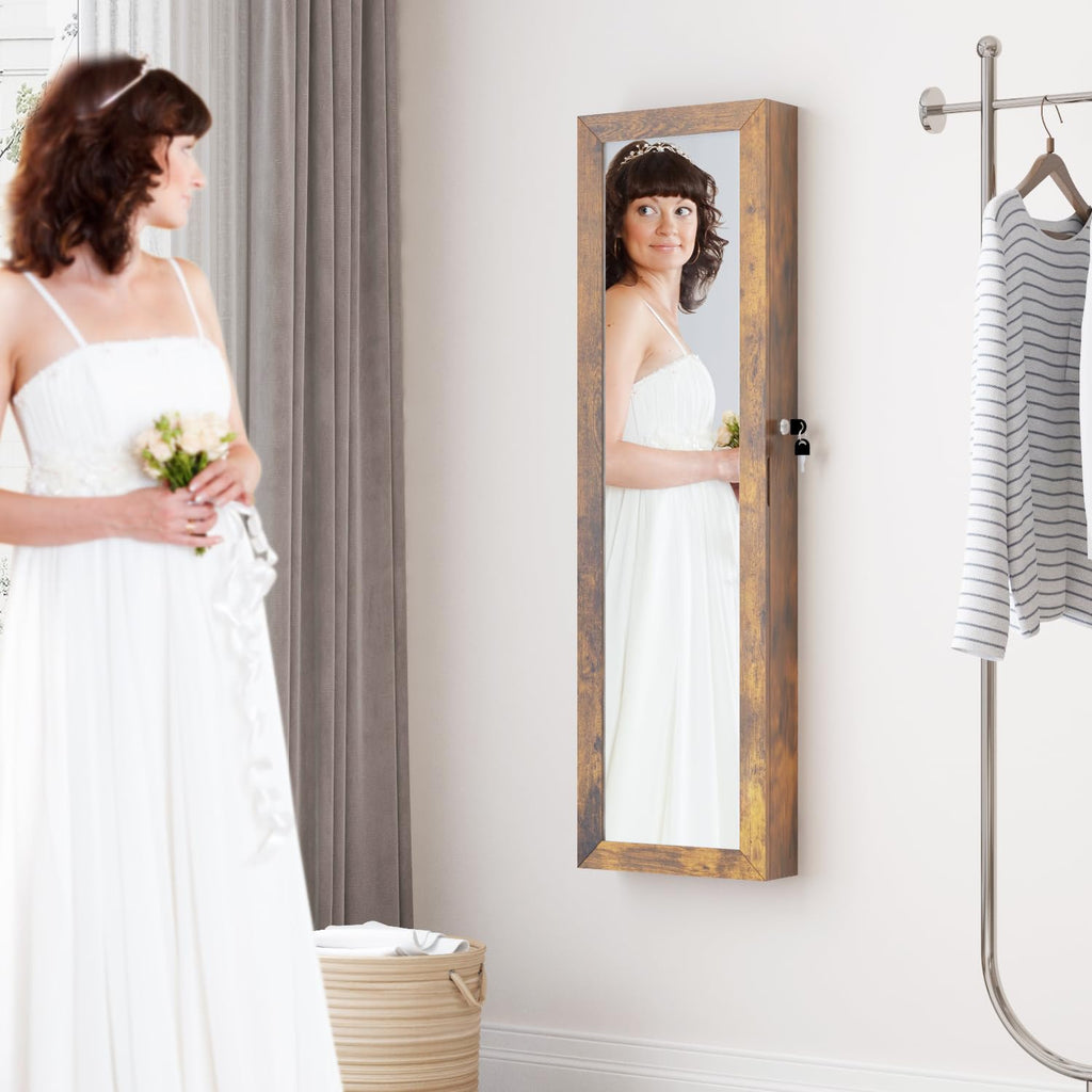 Full Length Mirror Jewelry Cabinet Organizer Lockable Door Wall-Mounted Jewelry Armoire with Shelves and Behind the