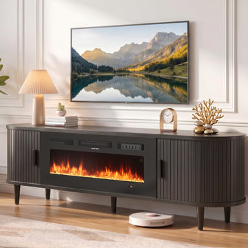70′′ Fluted Fireplace TV Stand, Mid Century Modern TV Stand with 36′′ Fireplace for TVs Up to 80", Entertainment
