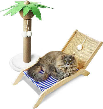 Cat Hammock with Coconut Palm Tree Scratching Post, Cozy Beach Chair Elevated Cat Beds, Original Lounger for Indoor