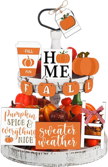 Two Tiered Tray with Wooden Signs Decor, Autumn Style - Set of 11