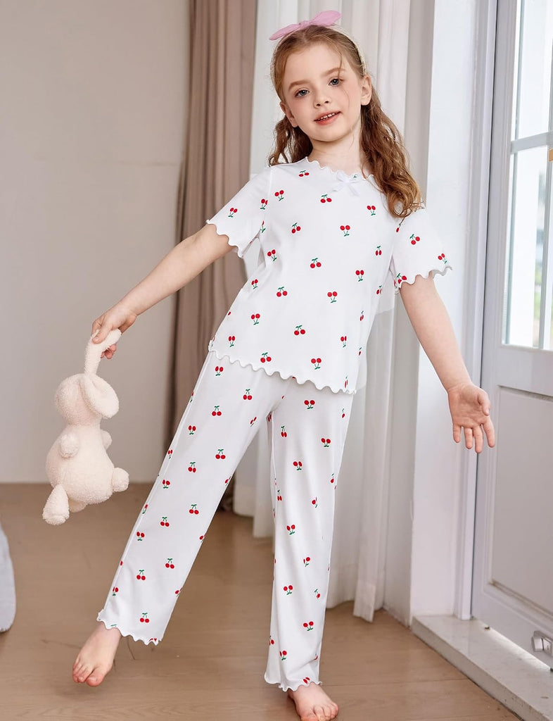 Girls Pajamas Short Sleeve Long Pant Sleepwear Soft Shirring Pjs