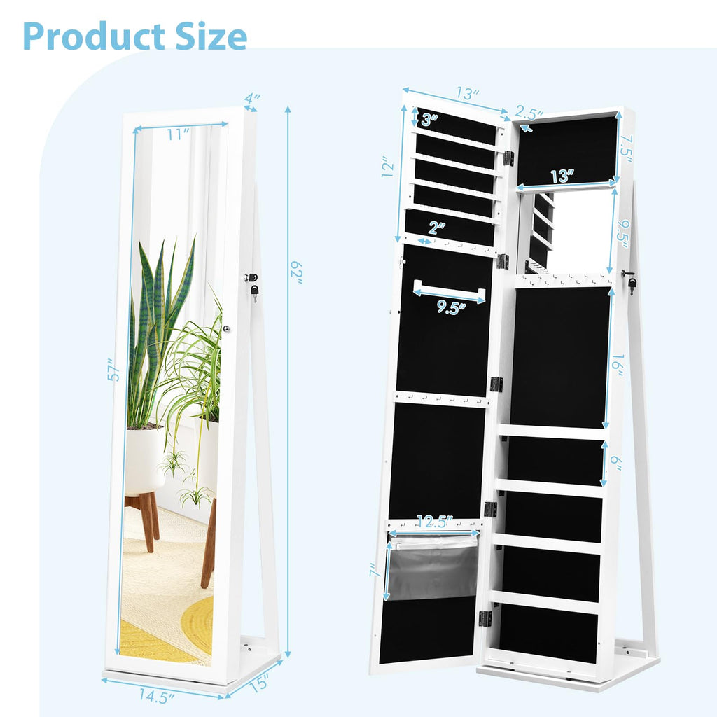 Jewelry Cabinet with Full-length Mirror, Jewelry Storage Organizer with Makeup Mirror, Back Storage Shelf, Lockable