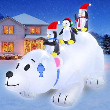 8 FT Christmas Inflatable Polar Bear with Penguins Outdoor Yard Decorations, Blow up 3 Penguins Fishing on Big Polar