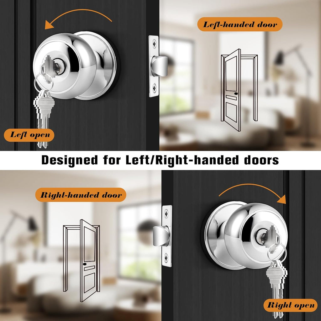 Polished Chrome Keyed Entry Door Knob, Interior Exterior Entry Door Locks, Entrance Lockset[Lock with Three Keys]