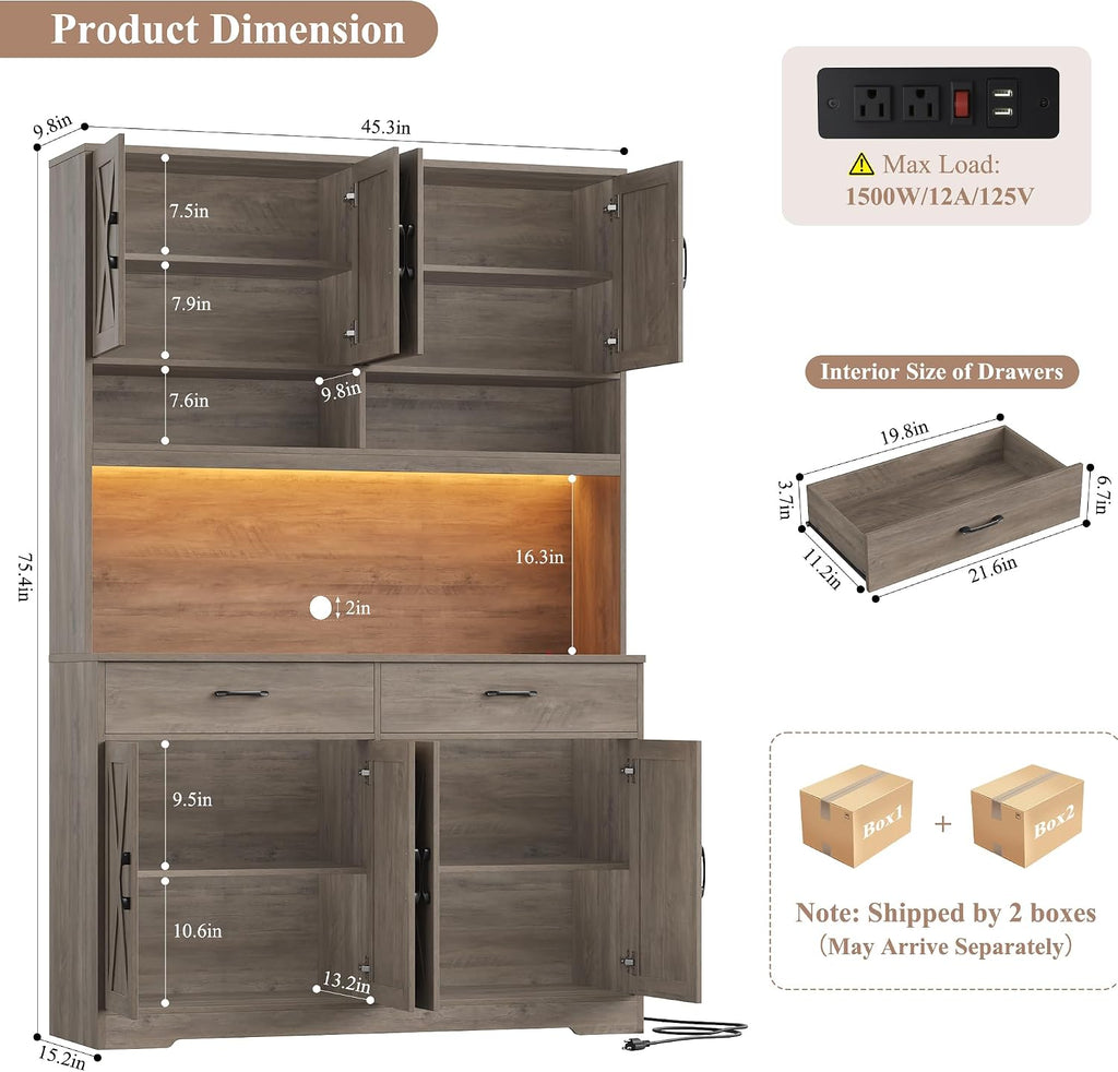 75" Tall Kitchen Pantry Storage Cabinet, 45" W Hutch Cabinet, Grey | Farmhouse Pantry Cabinet with Charging Station /