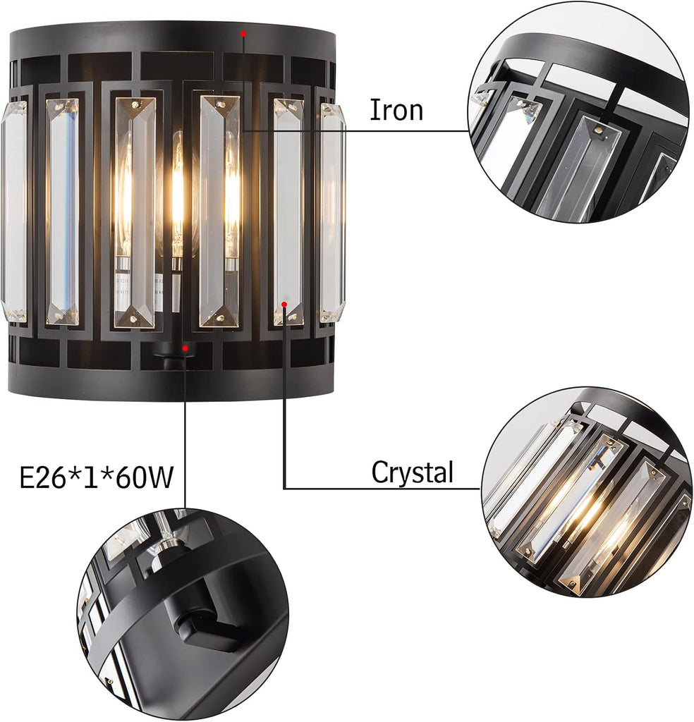 Modern Crystal Wall Sconce 1xE26 Black Vanity Wall Lamp K9 Crystal Wall Light Fixture for Hallway Doorway Bedroom