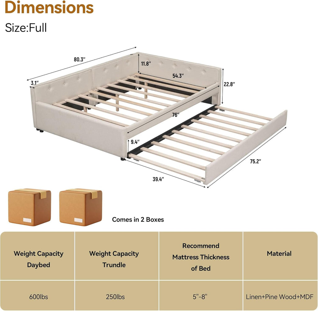 Full Size Daybed with Storage and USB, Modern Cloud Bed Frame with Twin Size Trundle, Linen Upholstered Platform Bed