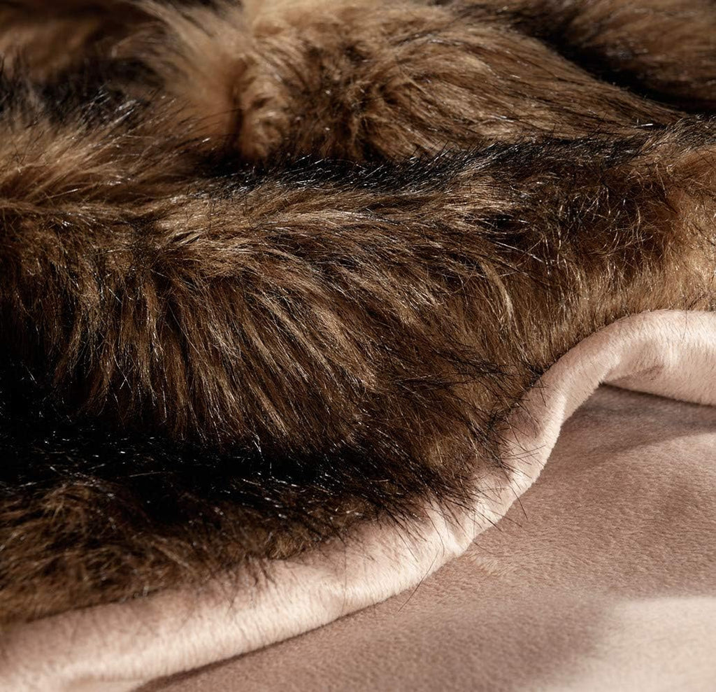 Plush Faux Fur Blanket Queen Size, Long Pile Brown with Black Tips, Oversized Super Warm, Fuzzy, Elegant, Fluffy