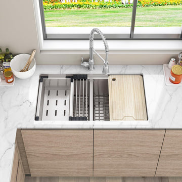 33" x 19" x 10" Undermount Double Bowl Workstation Kitchen Sink with 16 Gauge 304 Stainless Steel Satin