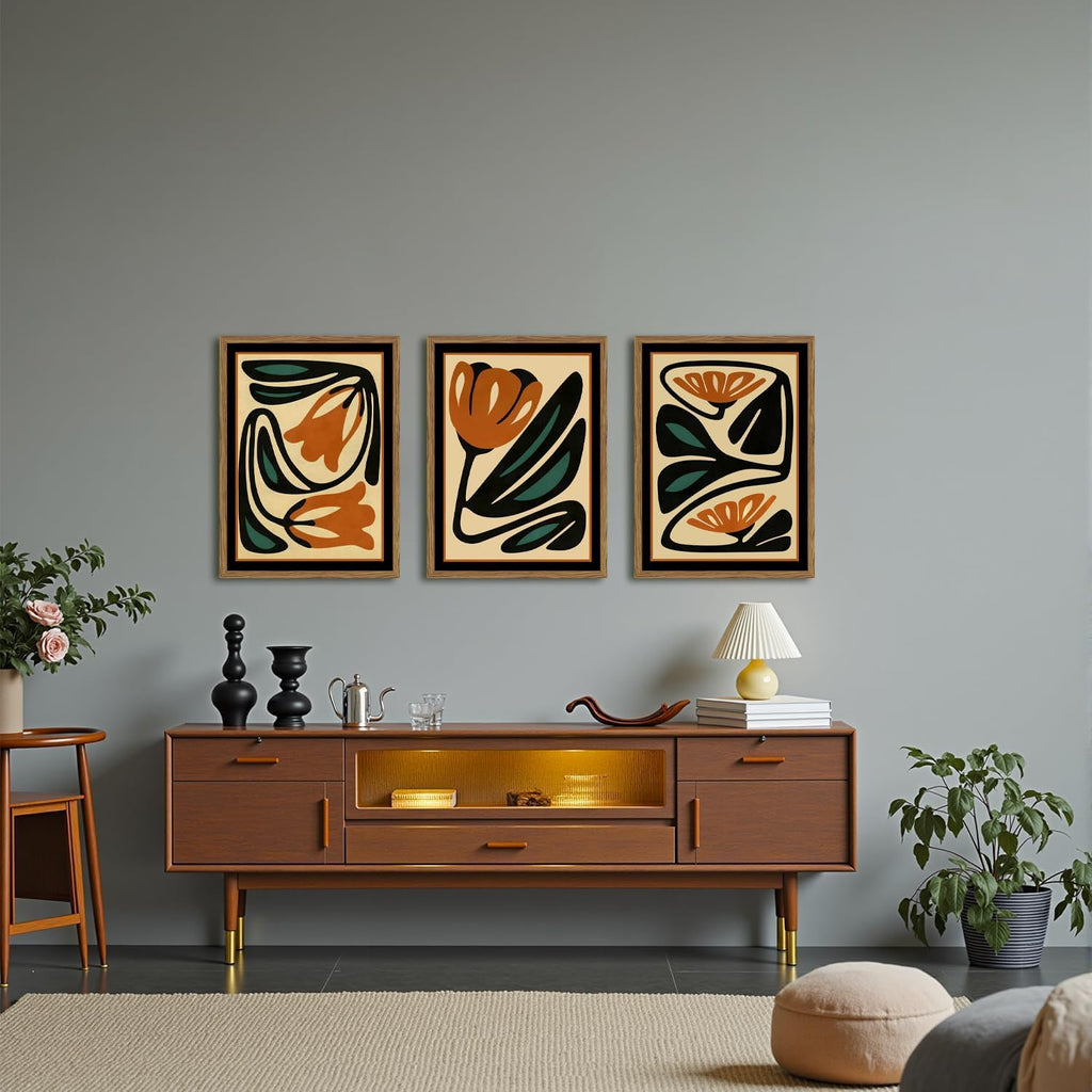 Mid Century Floral Wall Art Set of 3, Modern Abstract Botanical Wall Decor Picture, Vintage Boho Eclectic Plant