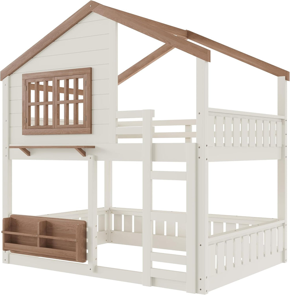 Bunk Bed Full Over Full with Ladder, House Bunk Beds with Bookshelf and Window for Kids, Teens, Beige & Natural