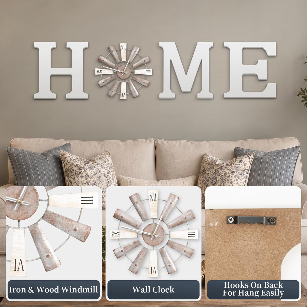 Farmhouse Home Signs with Windmill Clock Wall Decor Rustic Home Letters Wall Art Kitchen Entryway Dining Room Bedroom
