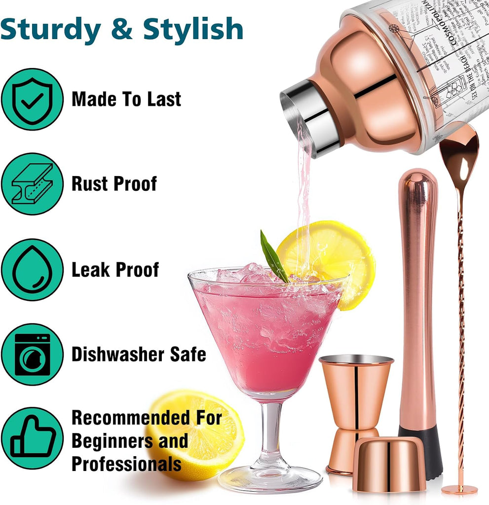 14oz Glass Cocktail Shaker Set, Bartender Kit, Martini Mixer Shaker with Built-in Strainer, Mixing Spoon - Set of 4