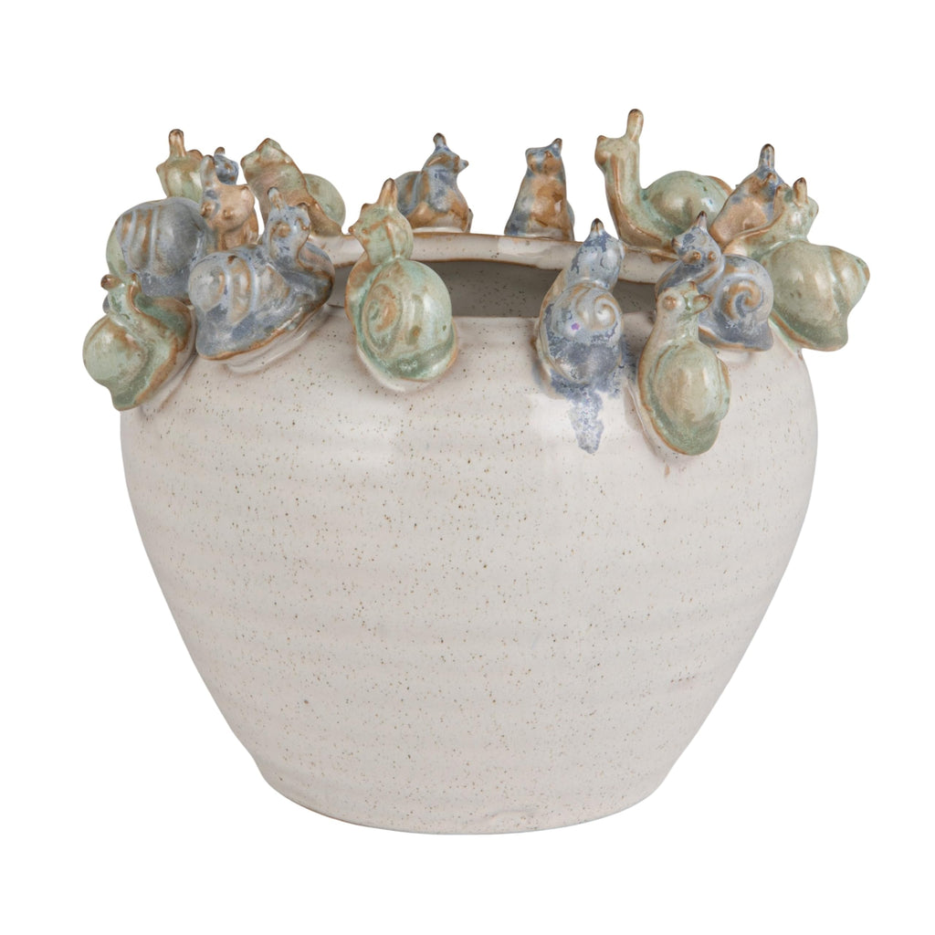 Stoneware Planter with 3D Snails on Rim in Reactive Speckled Glaze, Blue, Green, and Cream Finish