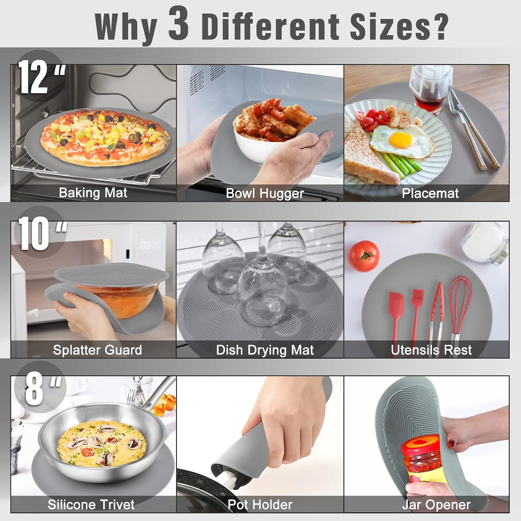 12 10 8 Inch Multi-use Microwave Mat, Trivet, Pot Holders, Drying, Baking, Place Mat, Utensils Rest, Silicone Cover
