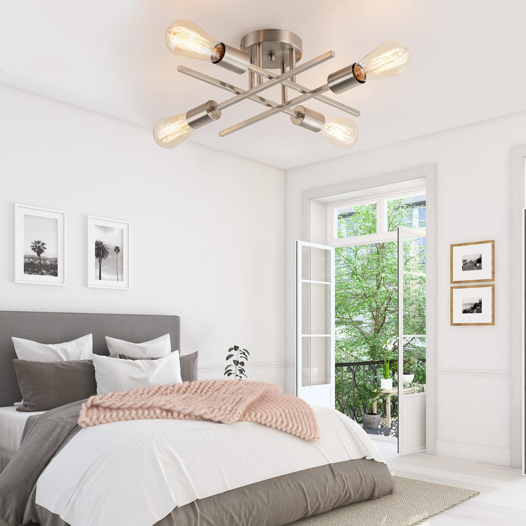 4-Light Modern Sputnik Chandeliers, Silver Mid Century Semi Flush Mount Ceiling Light Fixtures with E26 Base