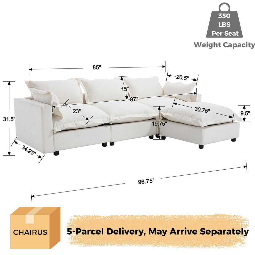 97" Modular Sectional Sofa with Moveable Ottoman Upholstered Deep Seat Linen Couch Set with Soft Pillows L Shaped