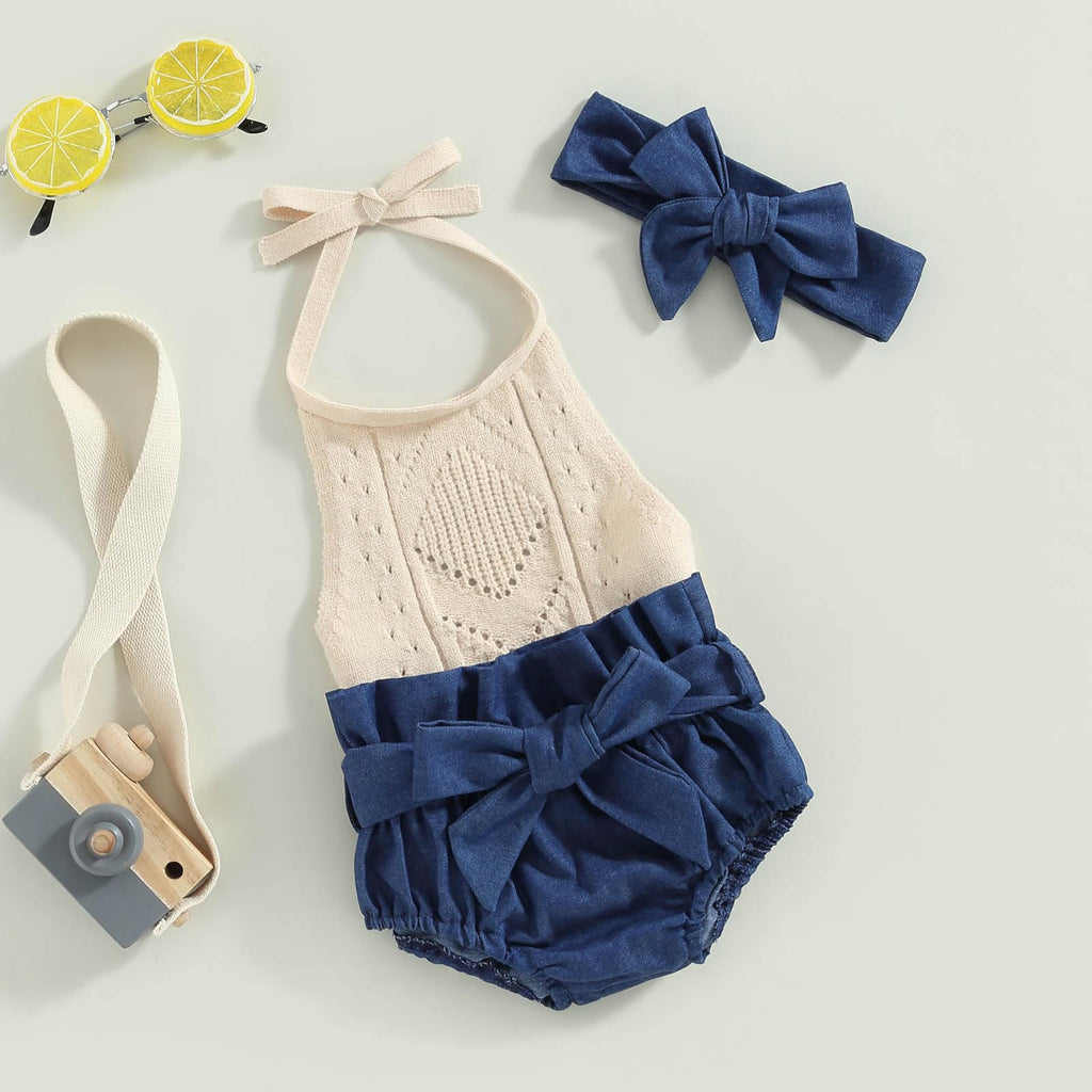 Toddler Baby Girl Summer Outfit Solid Color Tie-Up Halter Neck Knit Sweater Romper Denim Short Headband 3Pcs Clothes
