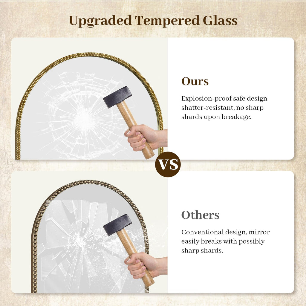 Gold Vintage Arched Mirror, 24x32 Inch Vanity Wall Mirror with Antique Metal Beaded Ornate Frame, Baroque Decorative