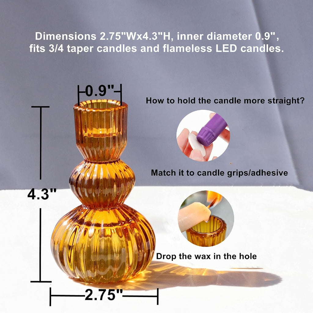 Amber Taper Candle Holders 4.3" H for Halloween/Thanksgiving Decorations Ribbed Glass Candlestick Holders - Set of 3