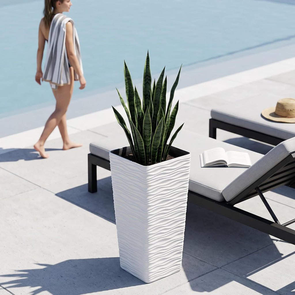 22" Tall Planters Set of 2 - White Square Plant Pots with Drainage Hole - Modern Large Tapered Matte Wavy Tree Flower