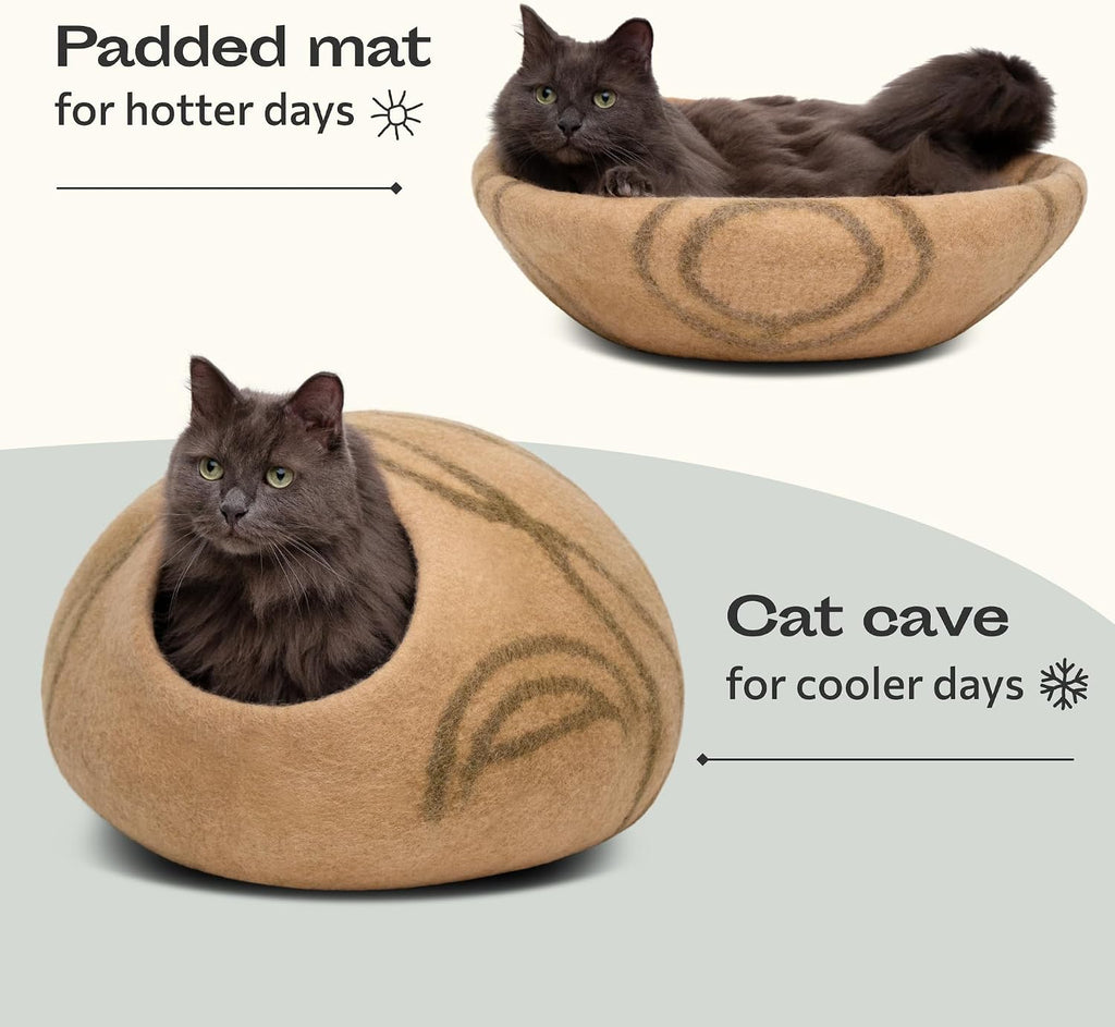 Cat Cave - Merino Wool Bed for Indoor Cats (Beige, Medium)