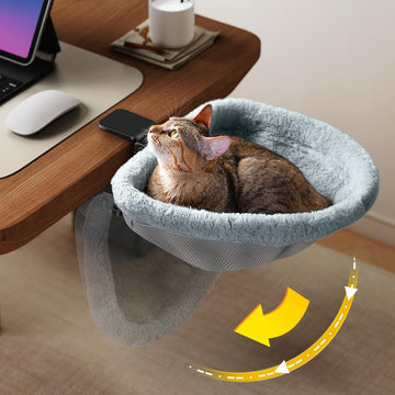 Cat Desk Bed - One-Click Folding, Sunken Design & Space-Saving Semi-Circular Cat Bed, Soft Faux Rabbit Fur Material