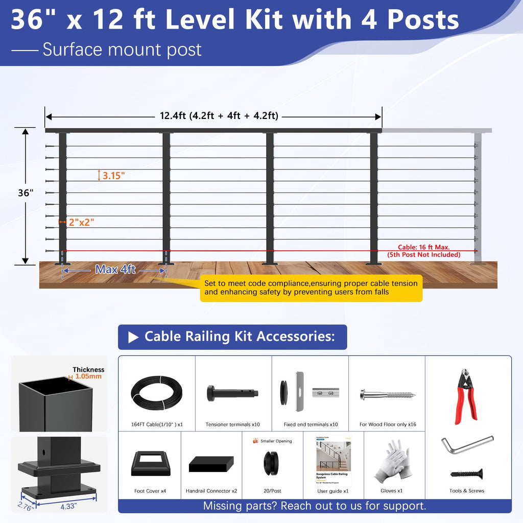 8-12ft Modular 36" Swageless Cable Railing System with Handrail