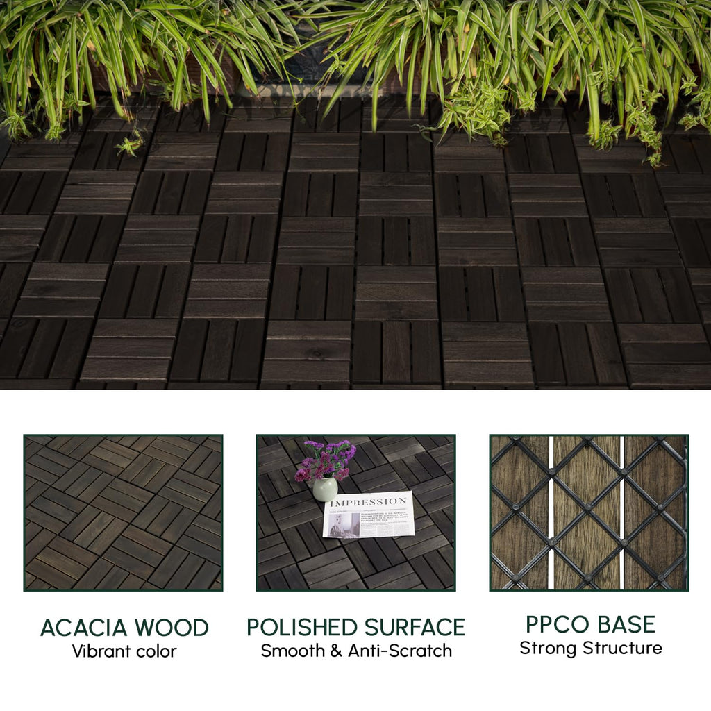 Acacia Interlocking Deck Tiles (12x12 Pack 30) - Waterproof Acacia Wood Decking for All Weather Use - Patio, Balcony