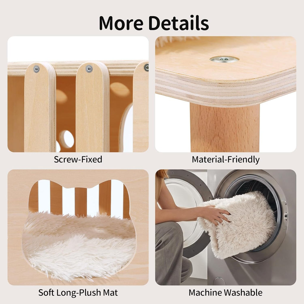4-in-1 Wooden Cat Beds for Indoor Cats, Breathable Cat Cave with Washable Cushion Cat House
