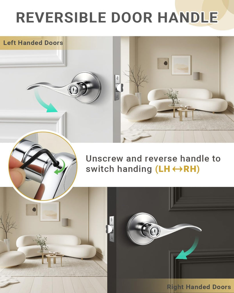 1 Pack Polished Chrome Door Handle Interior Privacy Doorknob Bedroom Door Handle with Lock, Reversible for Left and