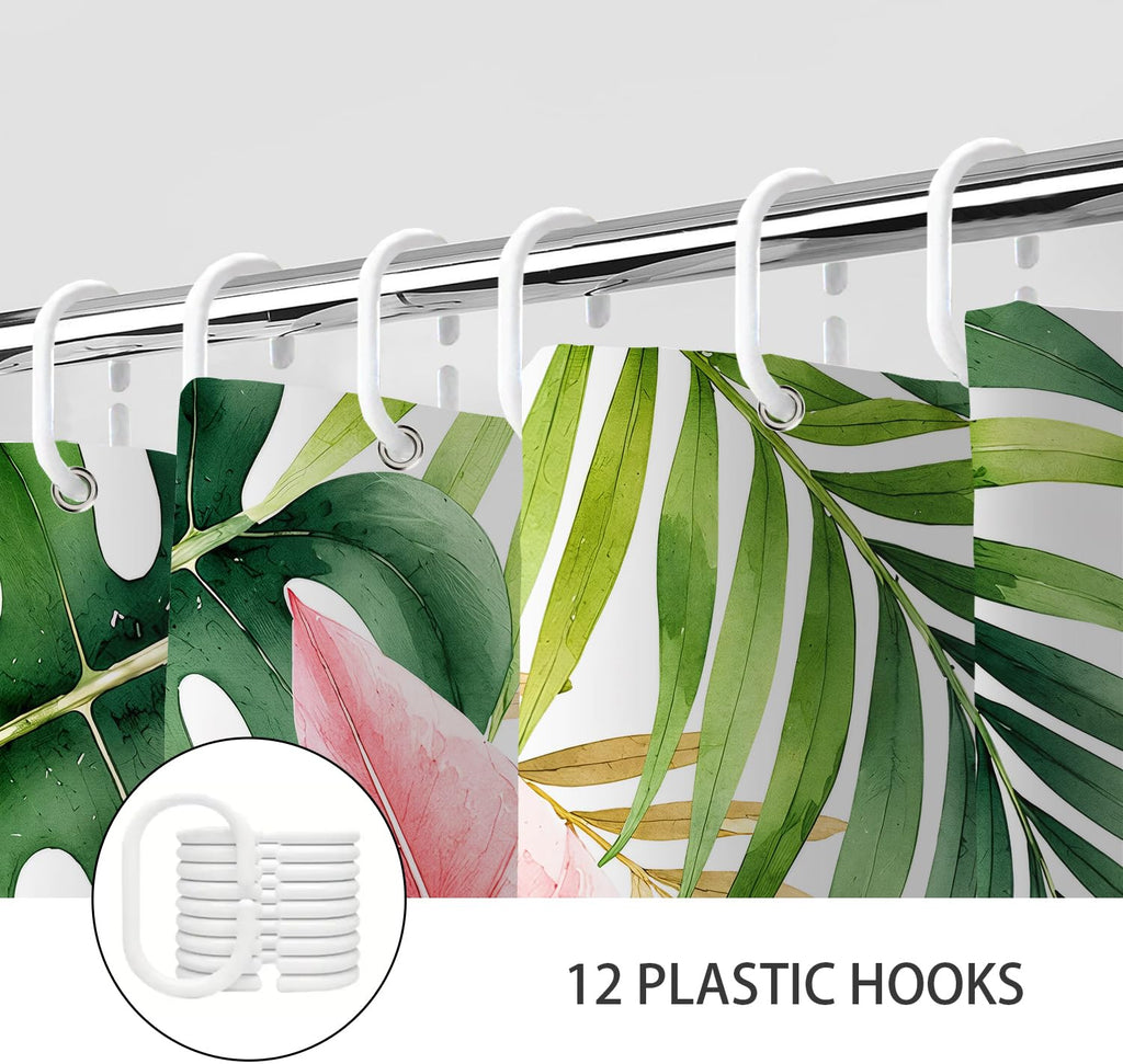 Pink and Green Tropical Shower Curtain, Botanical Palm Leaf Floral Boho Shower Curtains Set, Monstera Jungle Plant