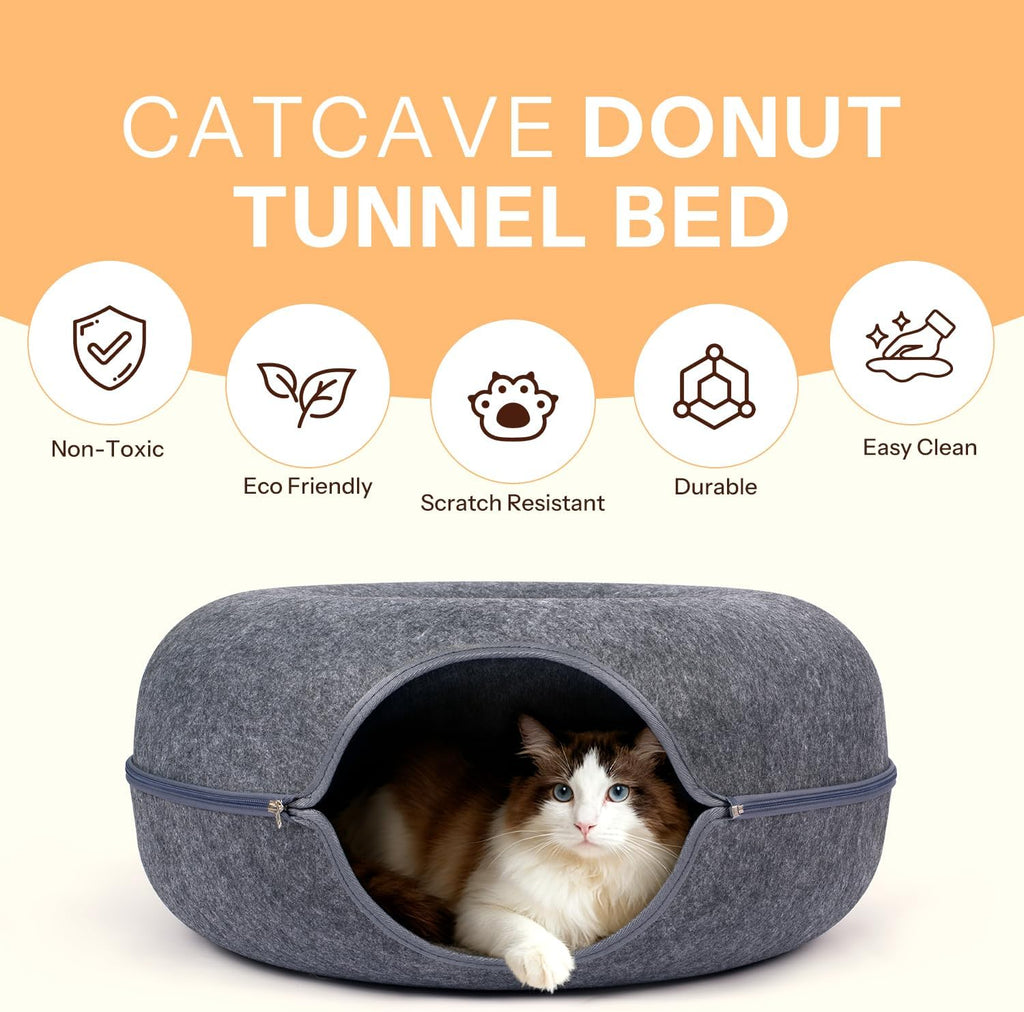Cat Cave Bed - Peekaboo Cat Donut Tunnel, Scratch-Resistant Felt Cat Nest for Indoor Cats, Detachable Round Cat