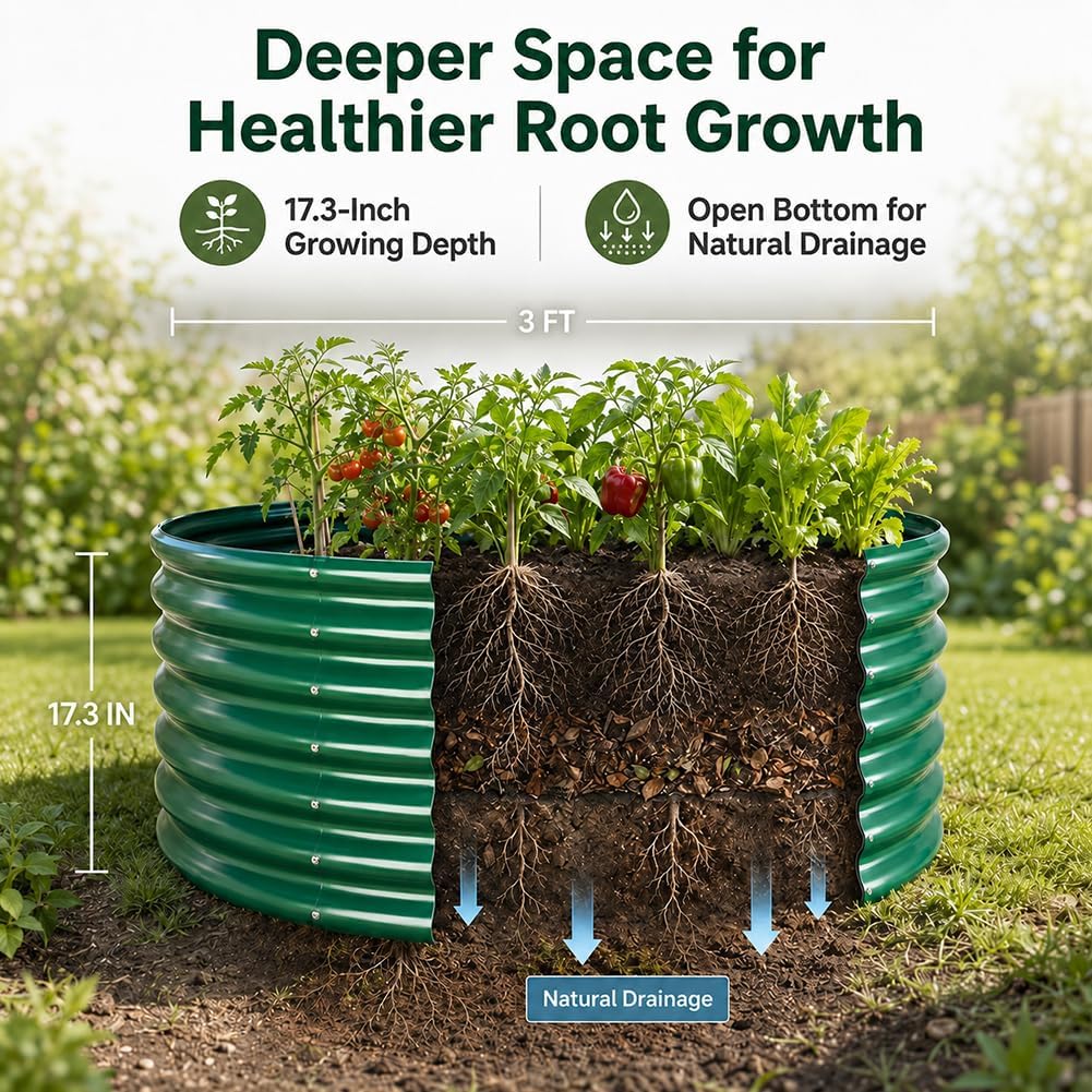17" Tall 3FT Round Raised Garden Bed, 2 Pc Galvanized Raised Box, Dark Grey | Bottomless High Metal Garden Bed