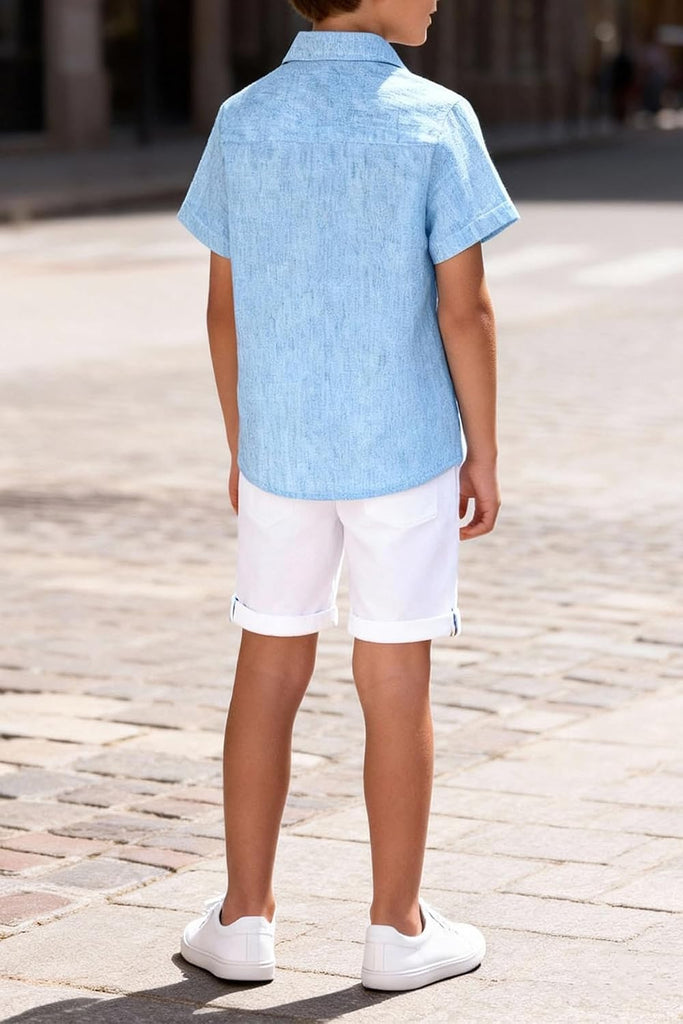 Boy Button Down Chambray Shirts Short Sleeve Linen Shirt