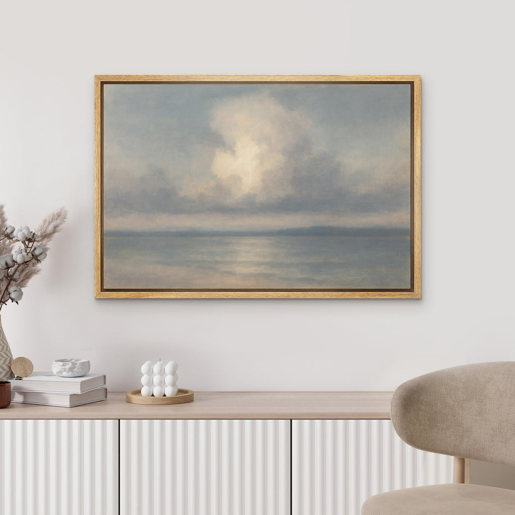 Framed Canvas Print Wall Art Moody Ocean Horizon with Clouds Tranquil Seascape Illustrations Modern Art Chic