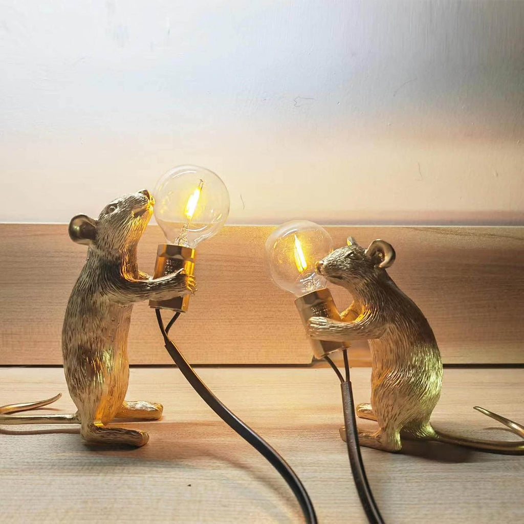 Cute Mouse Table Lamp, Gold Standing Resin Animal Desk Light with E12 LED Bulb Included, Warm Glow Mini Bedside Lamp
