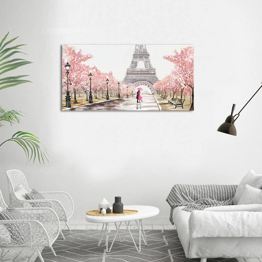Pink Canvas Wall - Paris Eiffel Tower Couple on Sakura Blossoming Street Scenery - Pink Theme Wall Decor - 30"x60"