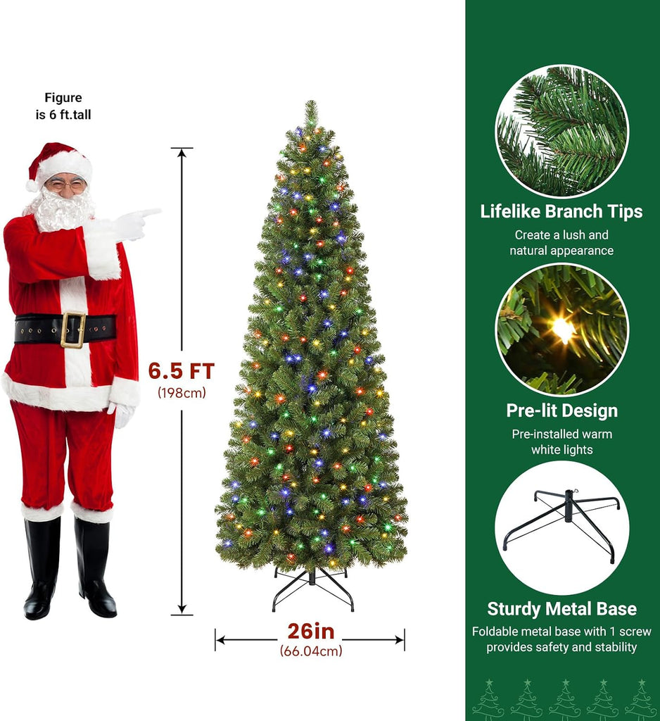 Prelit Pencil Hinged Christmas Tree with Multi-Color Lights