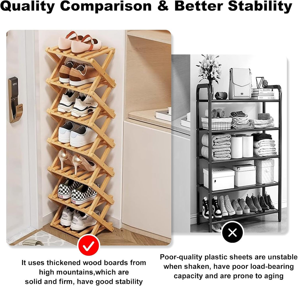 Bamboo Shoe Rack, Foldable Vertical Free Standing Shoe Storage Shelf