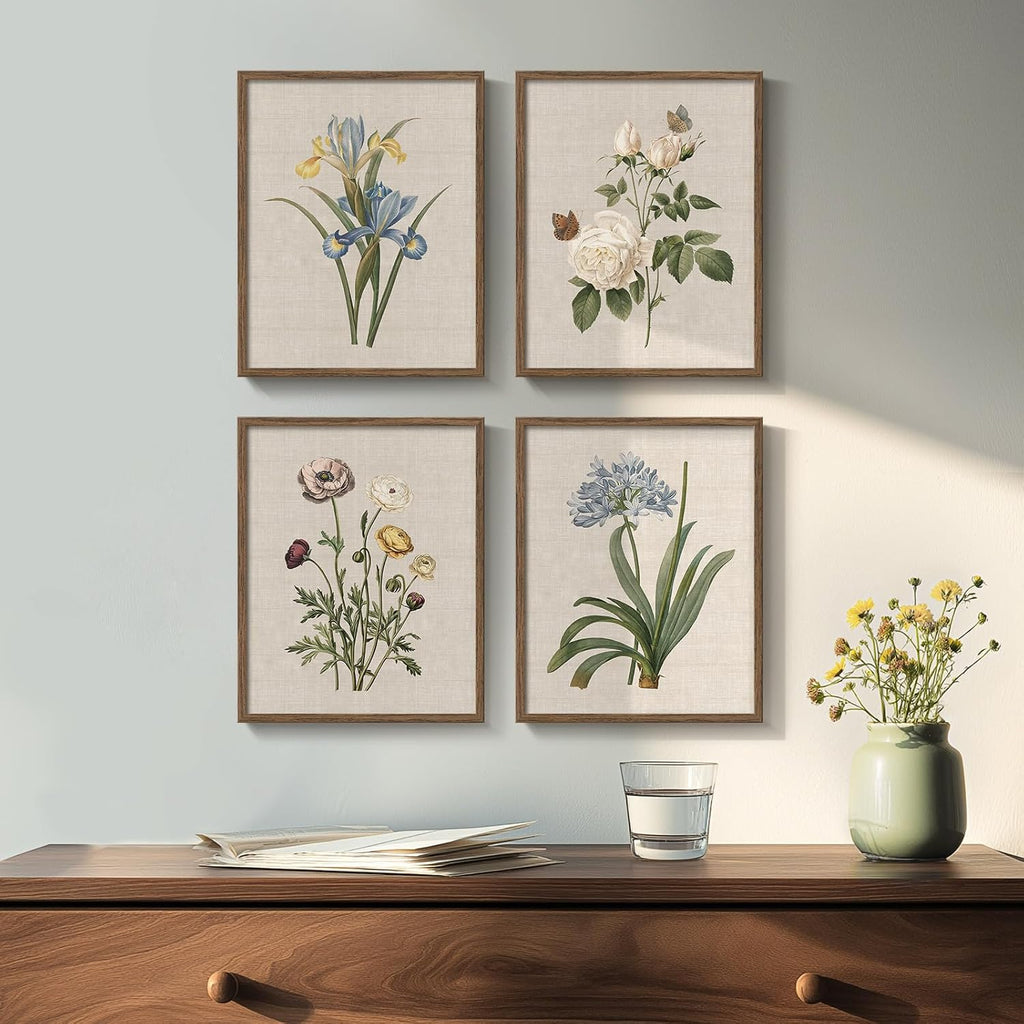Framed Vintage Botanical Floral Wall Art, 4 Piece 11x14 In - Set of 4