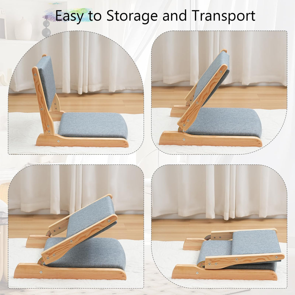 Japanese Floor Chair with Back Support, Foldable Meditation Chair, Legless Tatami Chair with Cushion, Floor Seat