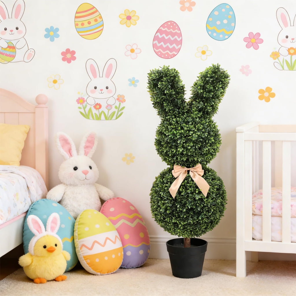 Easter Bunny Topiary, 3 Ft Artificial Bunny Topiary Outdoor, Rabbit Boxwood Topiary for Easter Porch Decor Home Yard