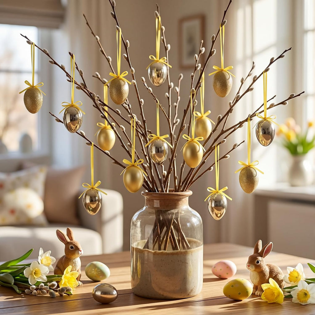Gold Easter Eggs Tree Decorations Glitter Egg Hanging Ornaments for Easter Basket Home Spring Tree Decoration - Set of 12