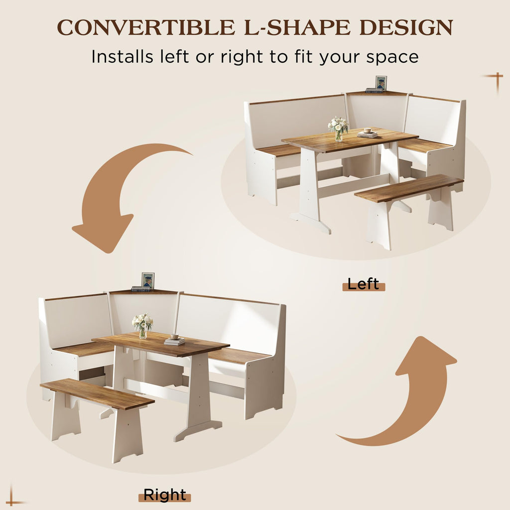 3-Piece Corner Dining Set with Hidden Storage, White & Barnwood